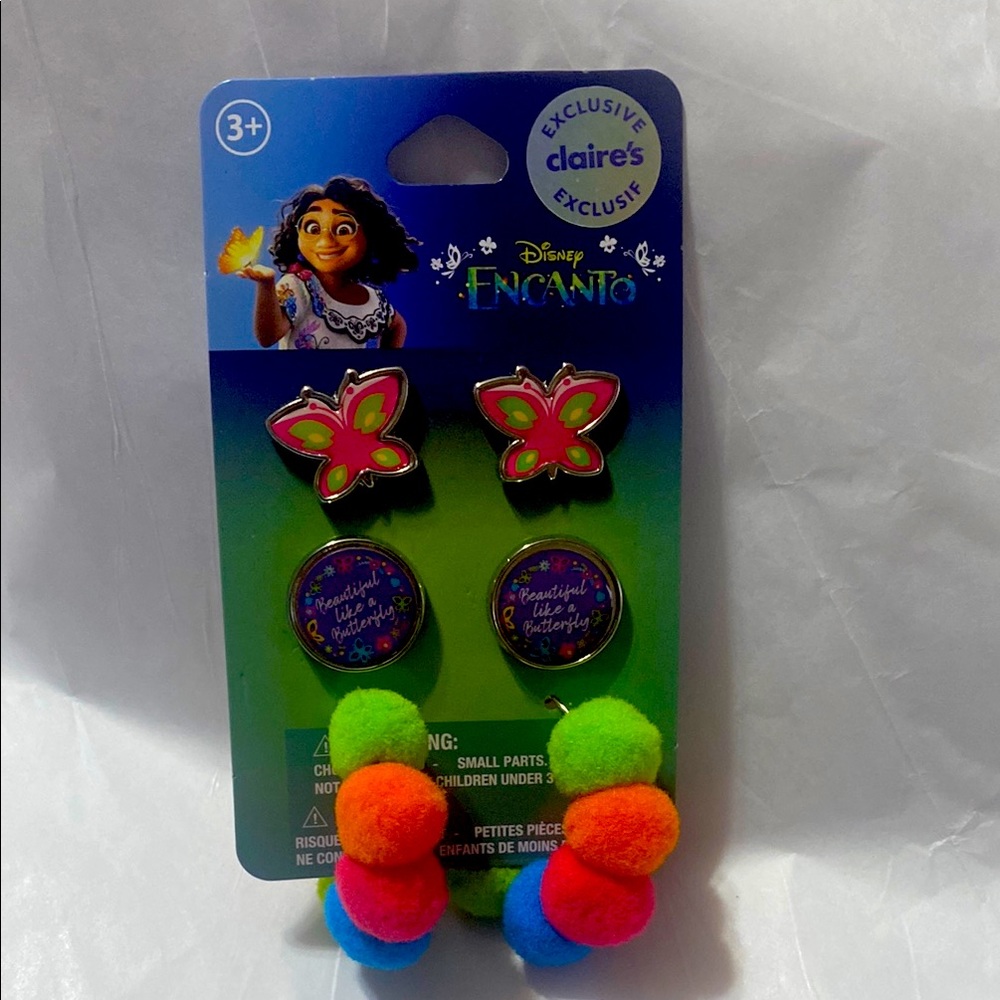 Disney Encanto 3 pair butterfly, button and pom pom pierced earring set.
